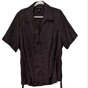 Lane Bryant linen blend brown button front dash belted shirt top size 22/24